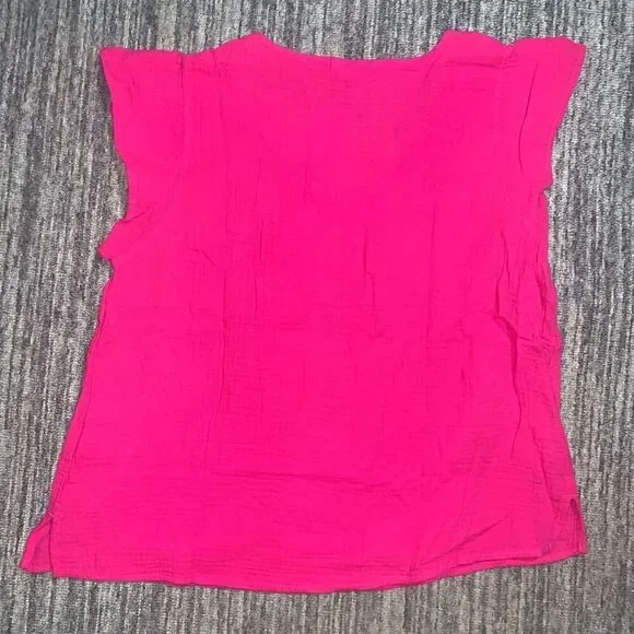Three Dots Womens Medium Pullover Top Fushia Pink Short Sleeve Gauze Cotton NWT - Picture 6 of 7